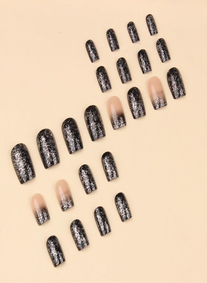 SINHOT Square Press on Nails Medium Fake Nails Glossy Glue on Nails Bling Glitter Acrylic Nails Squoval Artificial Nails Black Gradient Stick on False Nails with Design 24 pcs - Image 3
